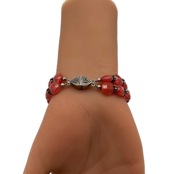 Sterling Silver 925 Cherry Quartz Double Row Beaded Bracelet - Picture 2 of 3